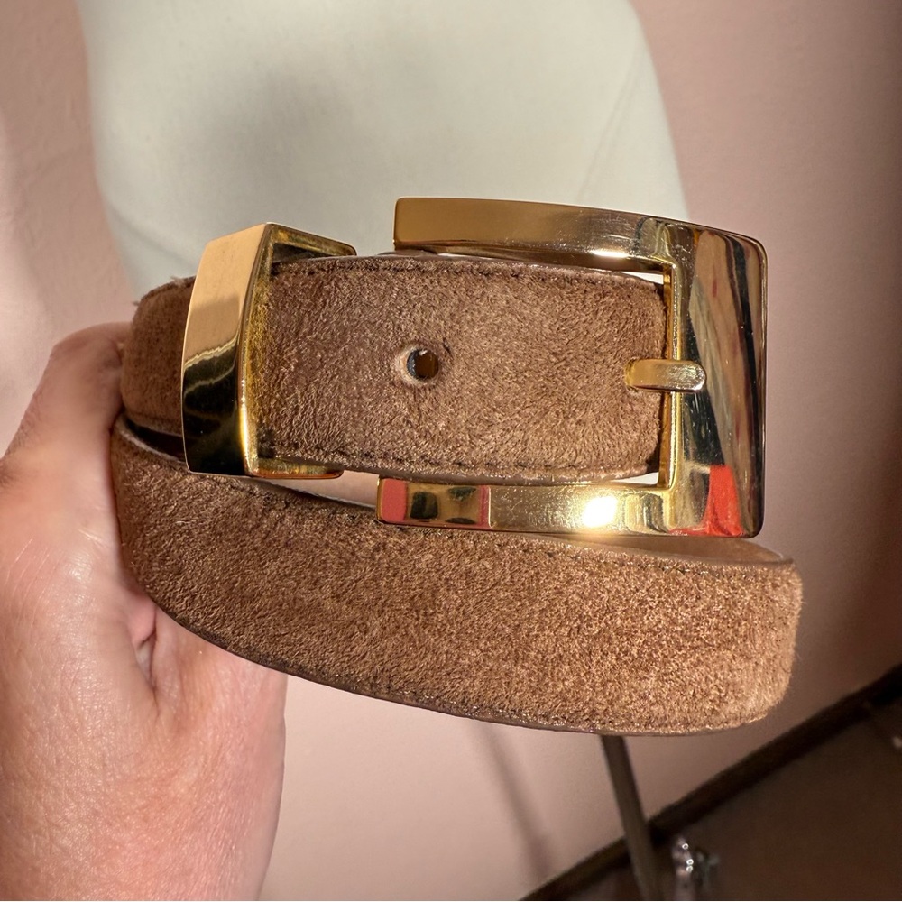 Vintage 1980 90’s Laura Gayle tan camel suede leather old money gold buckle belt